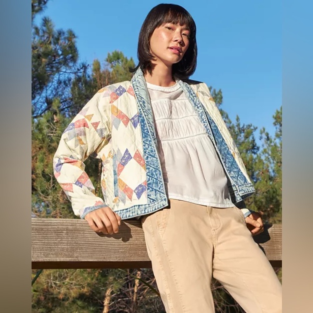 NWT $148 BLANKNYC Making Memories Cropped Quilted Patchwork Print Jacket Small